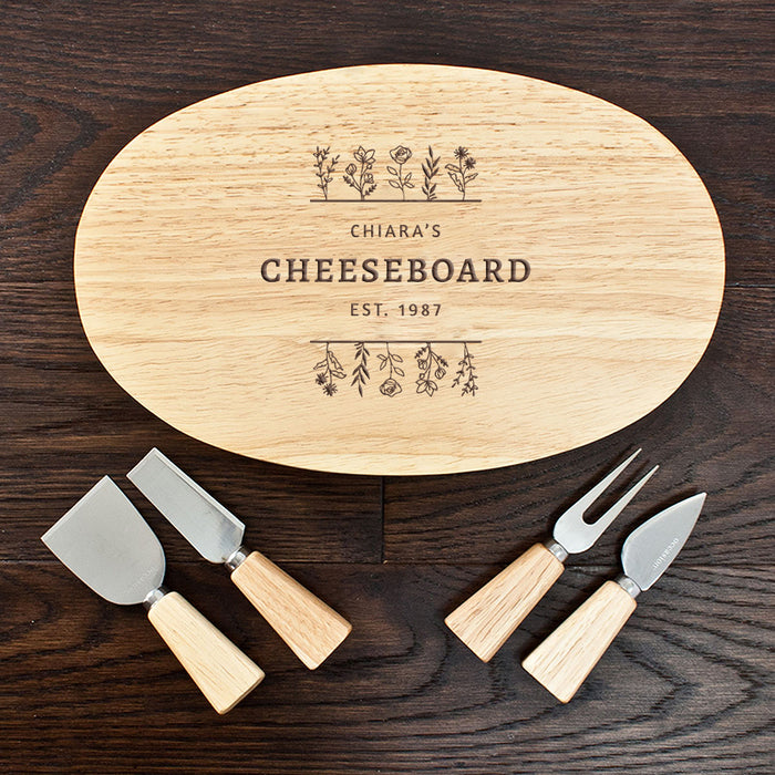 Personalised Mirrored Floral Oval Wooden Cheese Board Set