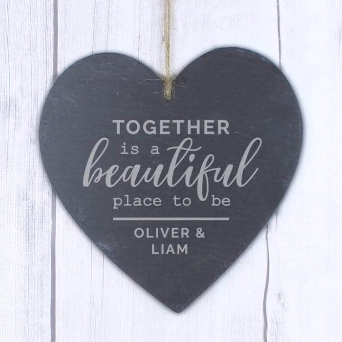 Personalised Together Is A Beautiful Place To Be Large Slate Heart Decoration - Myhappymoments.co.uk