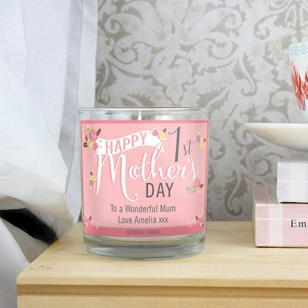 Personalised Floral Bouquet 1st Mothers Day Scented Jar Candle - Myhappymoments.co.uk