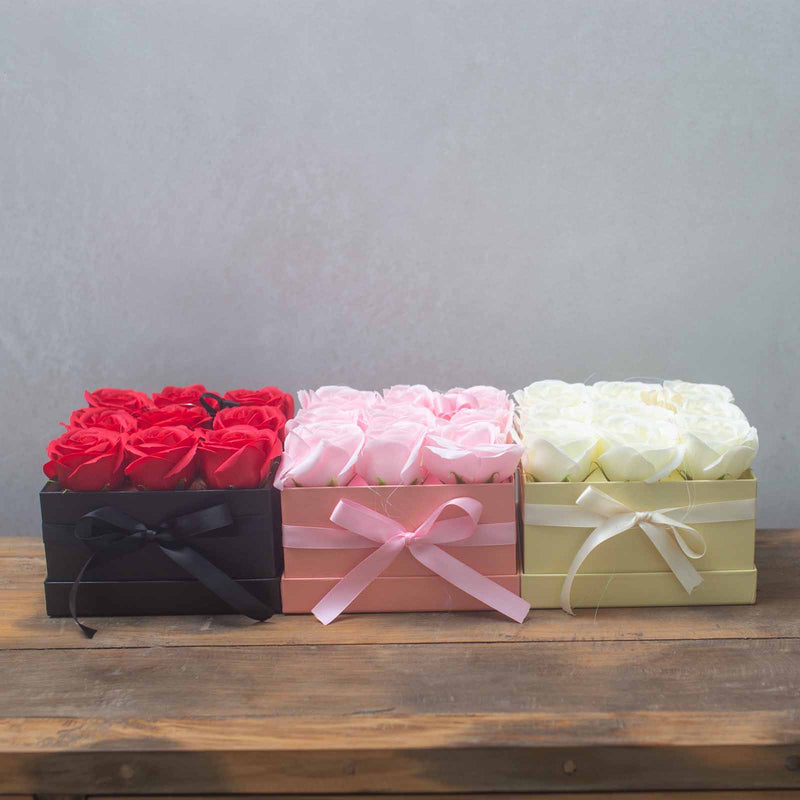 Soap Flower Gift Bouquet In Box - 9 Red Roses - Square