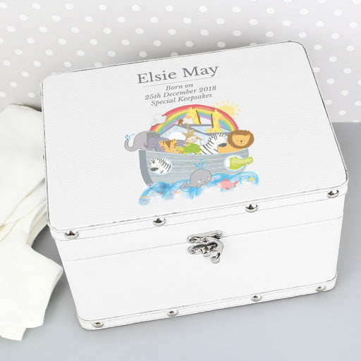 Personalised Noah's Ark White Leatherette Keepsake Box - Myhappymoments.co.uk