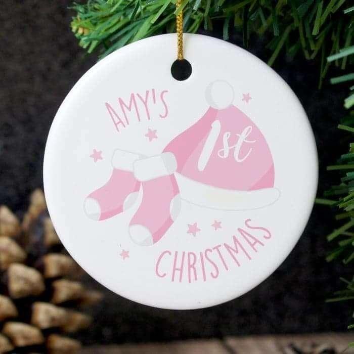 Personalised 1st Christmas Round Ceramic Decoration - Pink or Blue Colour - Myhappymoments.co.uk