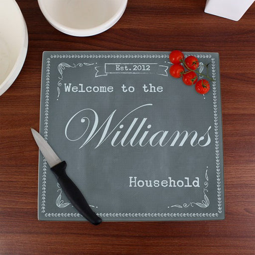 Personalised Family Chalk Glass Chopping Board/Workshop Saver - Myhappymoments.co.uk