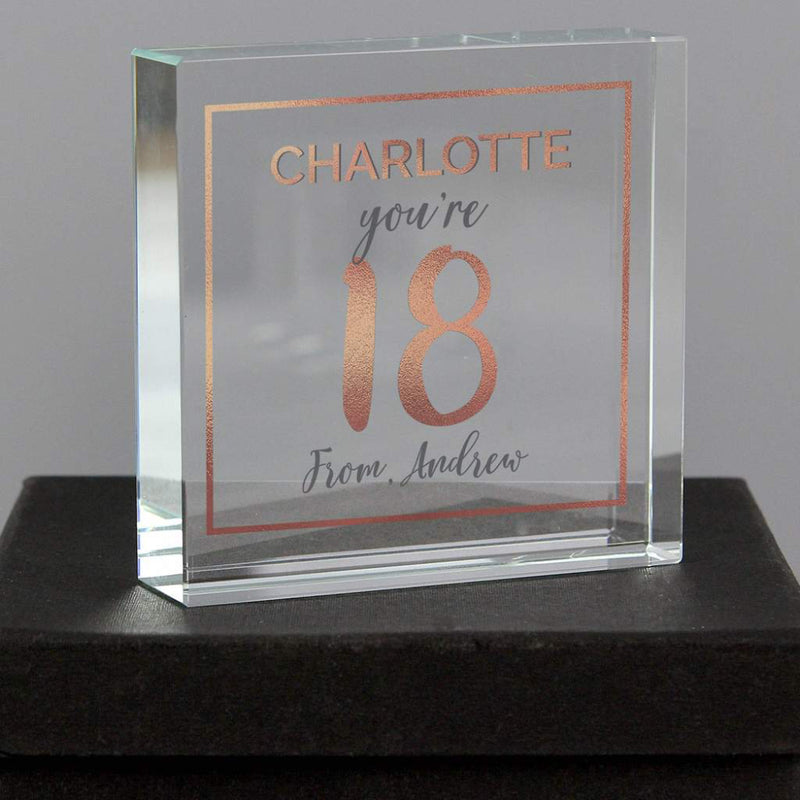 Personalised 18th Birthday Rose Gold Glass Block