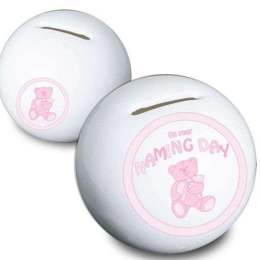Teddy Naming Day Money Box Pink - Myhappymoments.co.uk