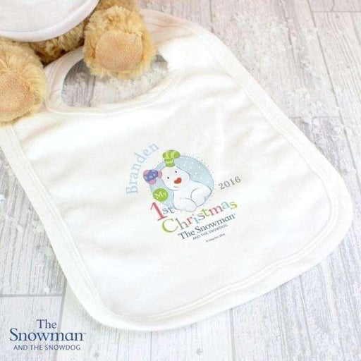 Personalised The Snowman and the Snowdog My 1st Christmas Blue Baby Bib - Myhappymoments.co.uk