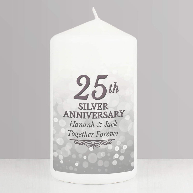 Personalised 25th Silver Anniversary Pillar Candle