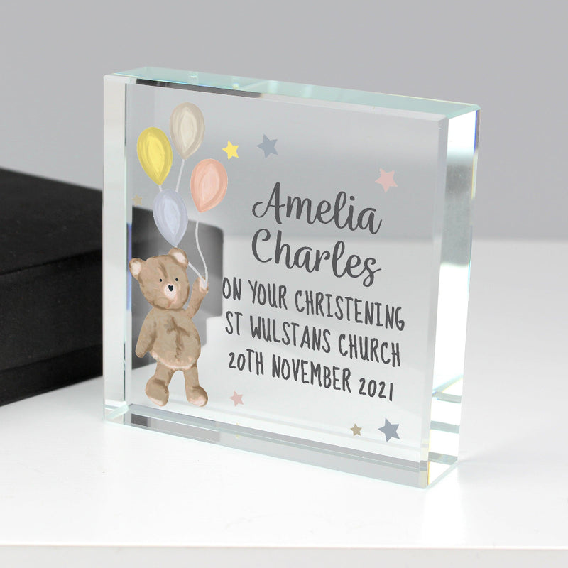 Personalised Teddy & Balloons New Baby Glass Block