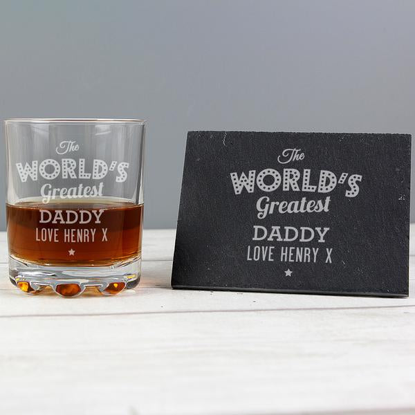 Personalised The Worlds Greatest Whisky Glass Tumbler & Slate Coaster Set - Myhappymoments.co.uk