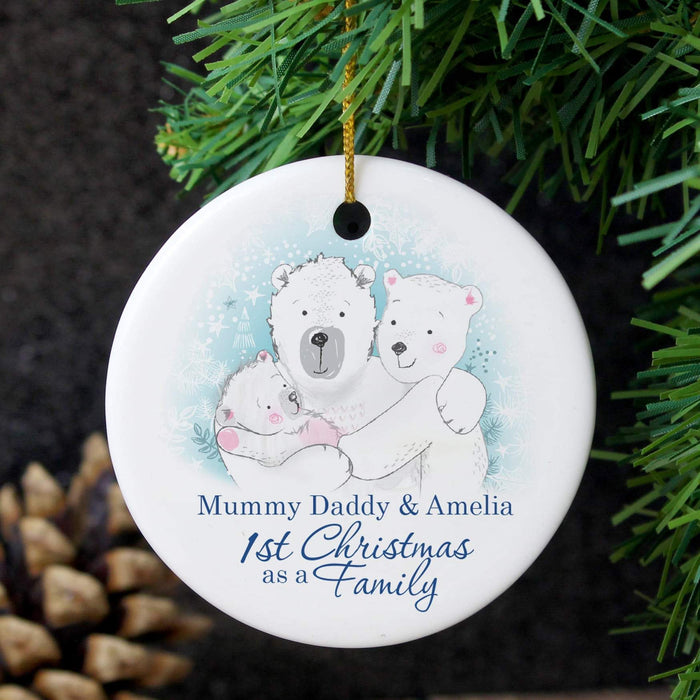 Personalised Polar Bear 1st Christmas As A Family Round Ceramic Decoration
