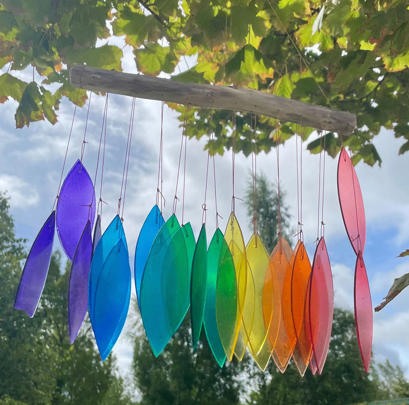 Rainbow Leaf Recycled Glass Driftwood Wind Chime