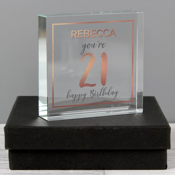 Personalised 21st Birthday Rose Gold Glass Block