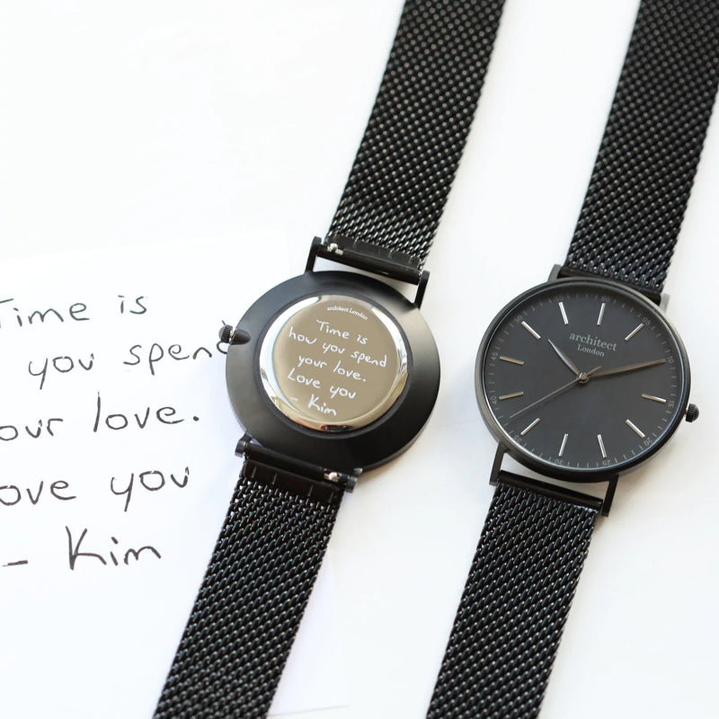 Handwriting Engraving Men's Architect Minimalist Watch With Pitch Black Mesh Strap