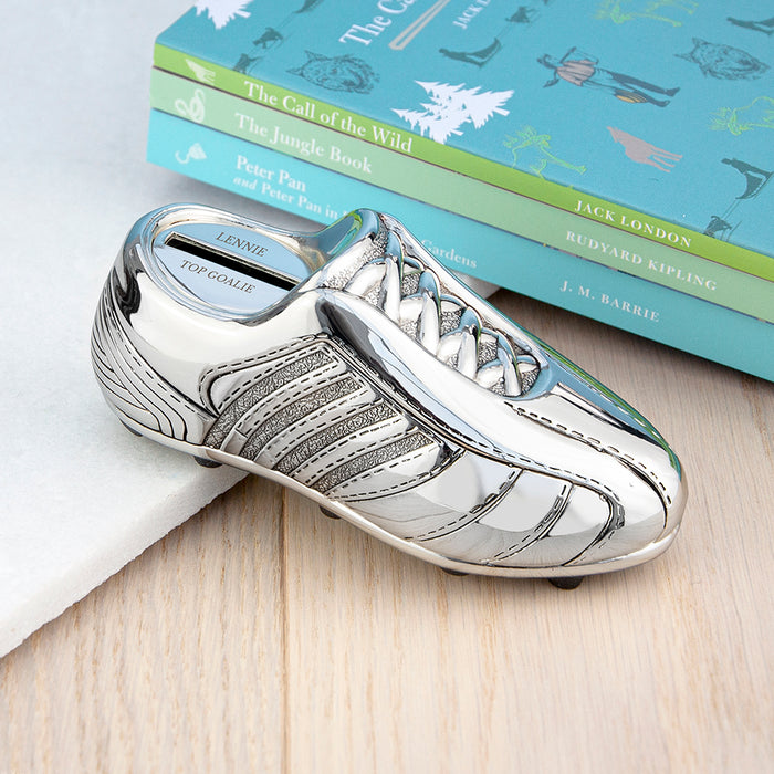 Personalised Silver Plated Football Boot Money Box - Free Delivery