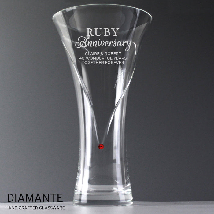 Engraved Ruby Anniversary Large Hand Cut Diamante Heart Vase