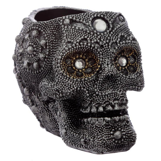 Silver Beaded Skull Head Tea Light Candle Holder