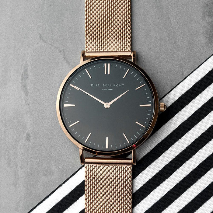 Elie Beaumont Personalised Ladies Rose Gold Mesh Strapped Watch With Black Dial
