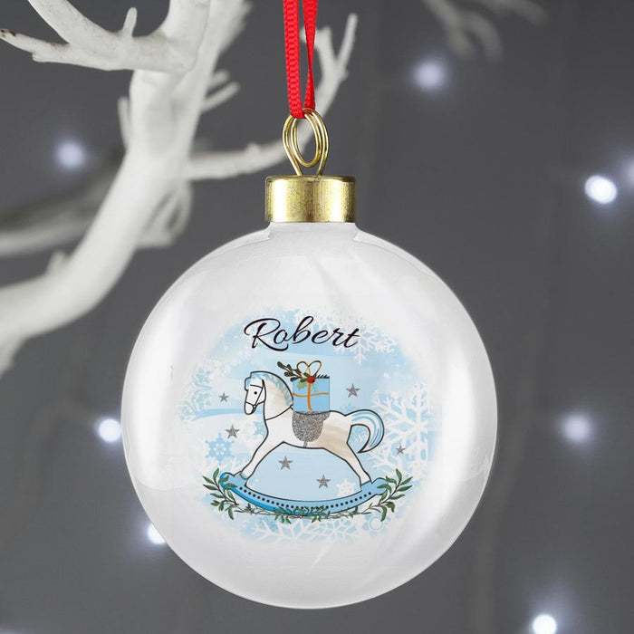 Personalised Blue Rocking Horse Christmas Bauble