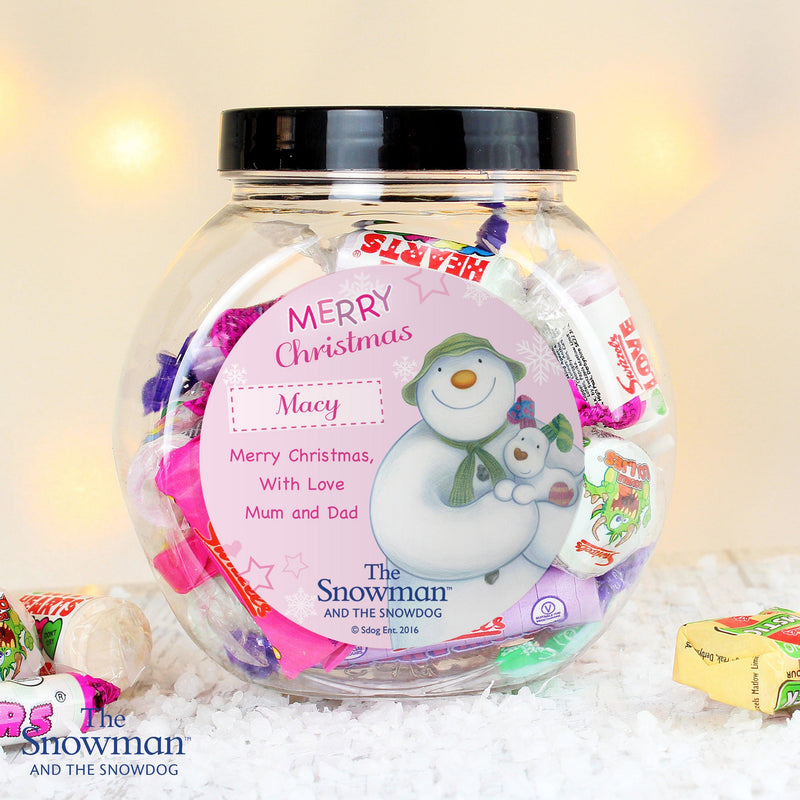 Personalised The Snowman and the Snowdog Pink Sweet Jar