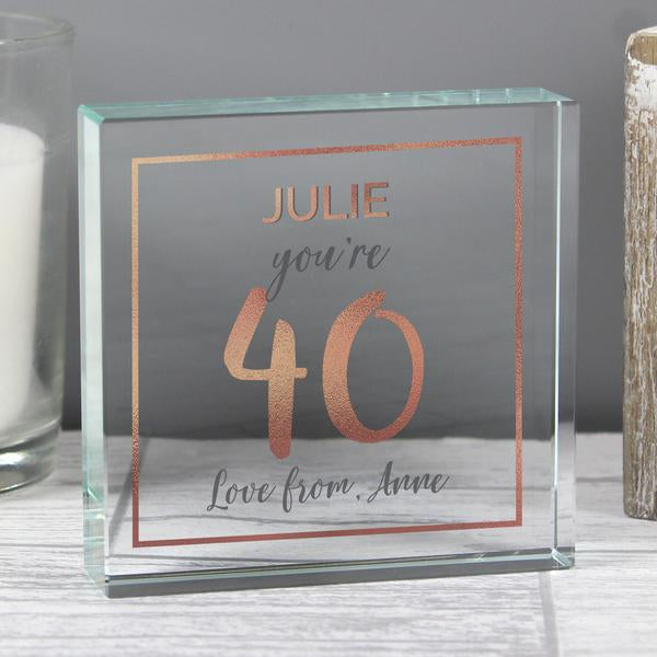 Personalised 40th Birthday Rose Gold Glass Block
