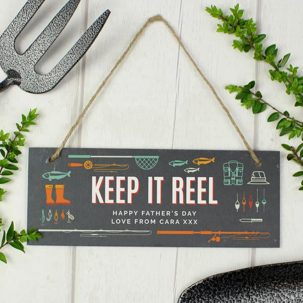 Personalised Keep It Reel Fishing Hanging Slate Sign Plaque
