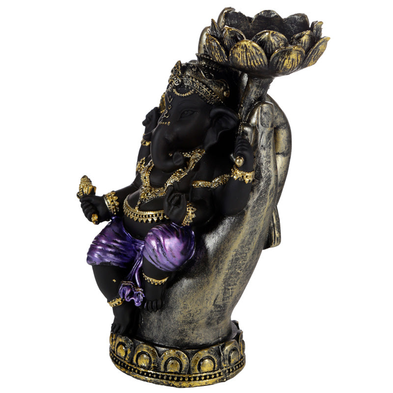 Purple, Gold and Black Ganesh in Hand Lotus Tea Light Candle Holder
