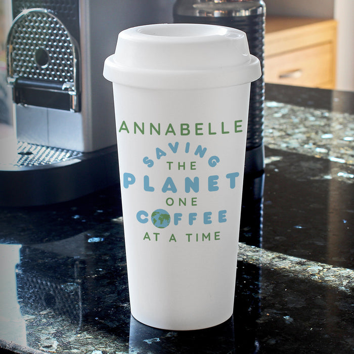 Personalised 'Saving the Planet One Coffee At A Time' Double Walled Travel Mug