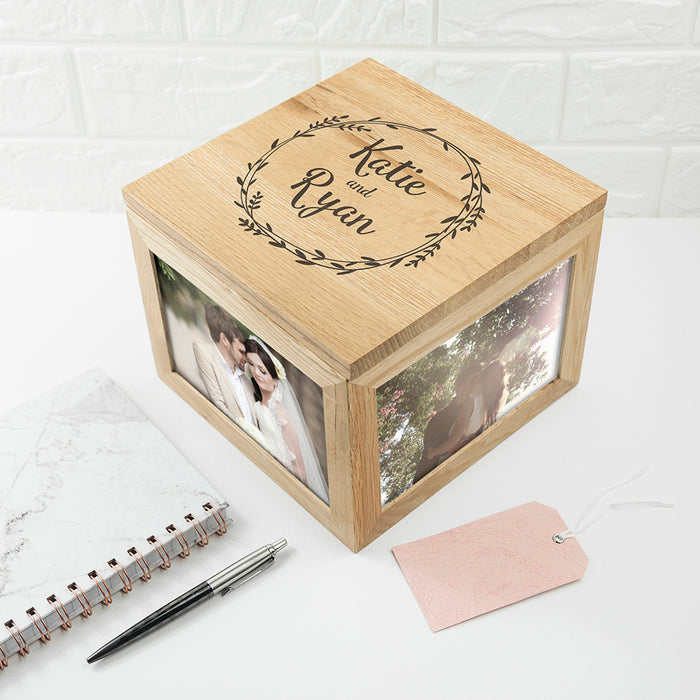 Personalised Couple's Oak Photo Keepsake Box with Wreath Design