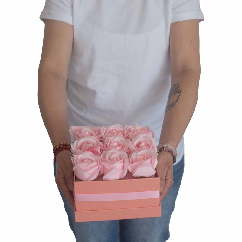 Soap Flower Gift Bouquet In Box - 9 Pink Roses - Square