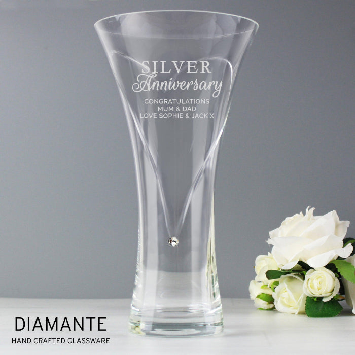Engraved Silver Anniversary Large Hand Cut Diamante Heart Vase