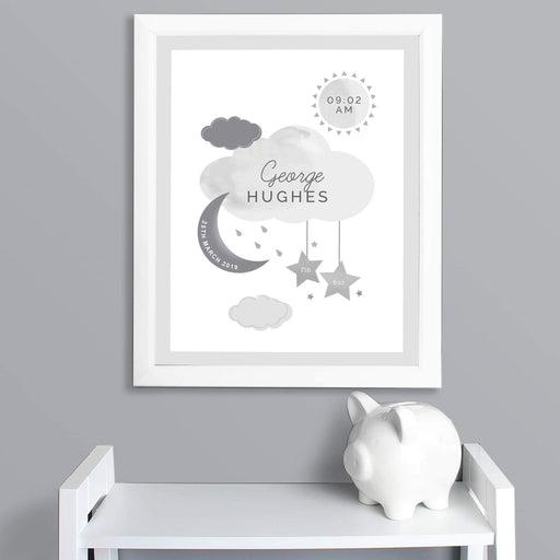 Personalised New Baby Moon & Stars White Framed Nursery Print - Myhappymoments.co.uk