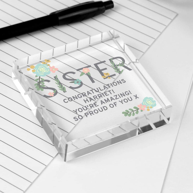 Personalised Floral Sister Large Crystal Glass Block