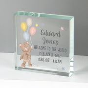 Personalised Teddy & Balloons New Baby Glass Block