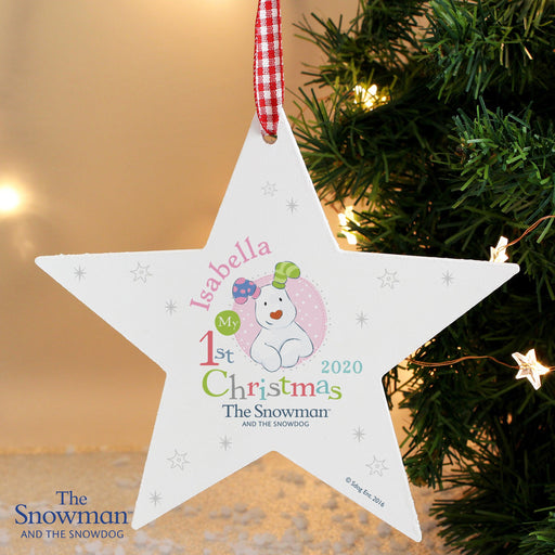 Personalised The Snowman and the Snowdog My 1st Christmas Pink Wooden Star Decoration