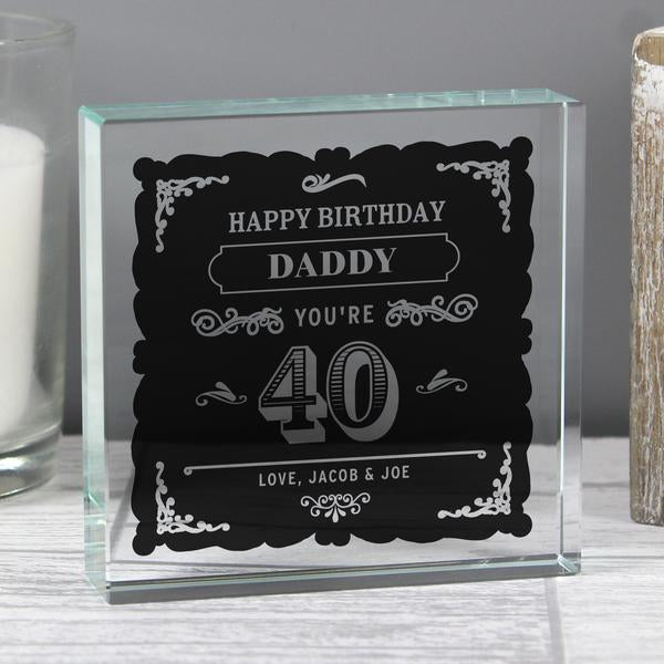 Personalised Birthday Age Vintage Typography Large Crystal Token - Presented In A Black Gift Box - Myhappymoments.co.uk