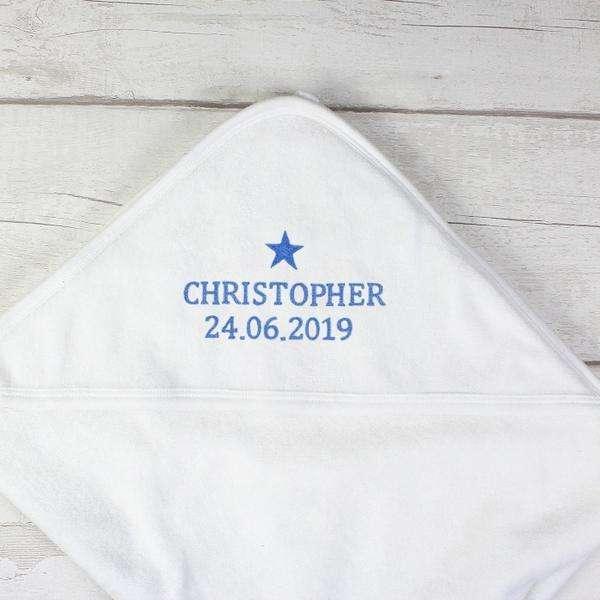 Personalised Blue Star Baby Boy White Hooded Towel - Myhappymoments.co.uk