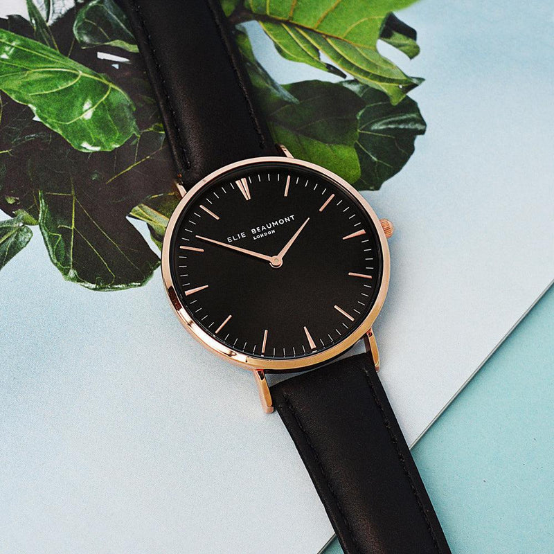 Elie Beaumont Personalised Ladies Leather Watch in Black