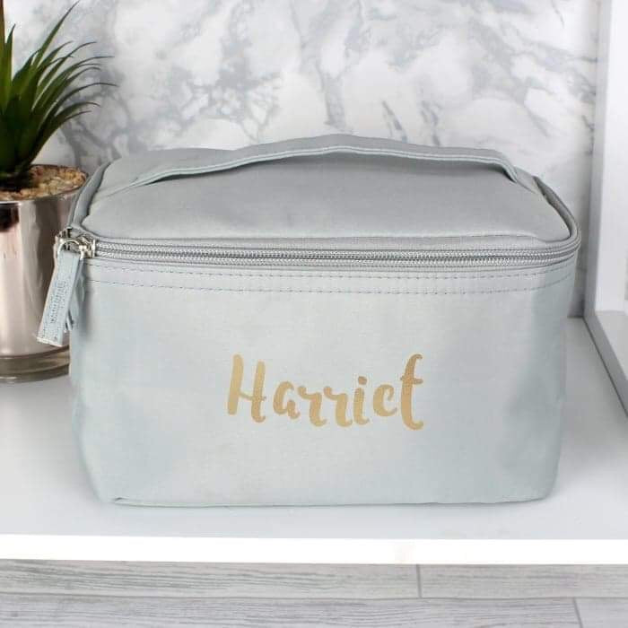 Personalised Gold Name Grey Make Up Wash Bag - Myhappymoments.co.uk