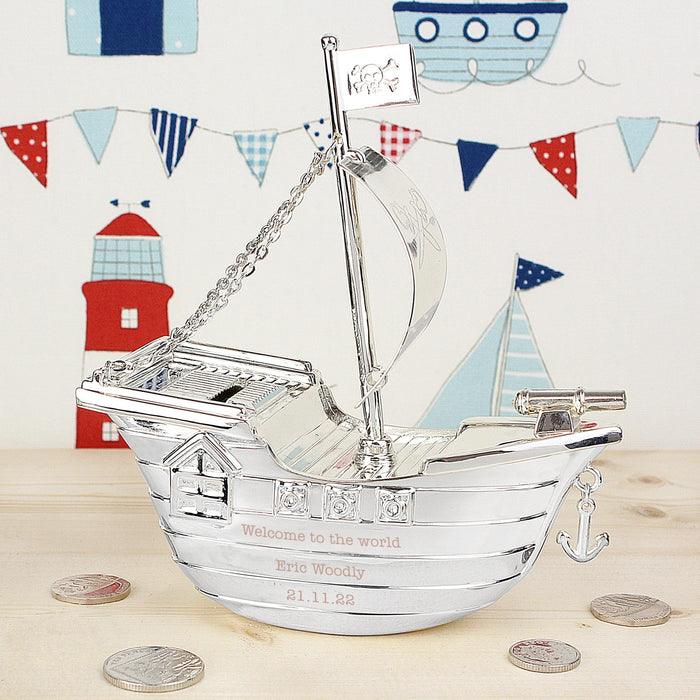 Personalised Silver Plated Pirate Ship Money Box