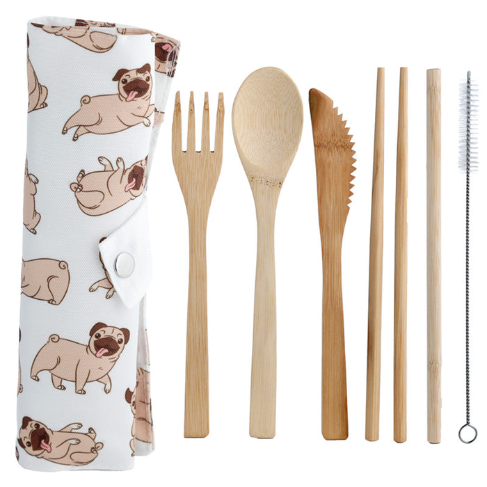 Mopps Pug 100% Natural Bamboo Cutlery 6 Piece Set in Canvas Holder