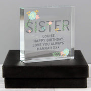 Personalised Floral Sister Large Crystal Glass Block