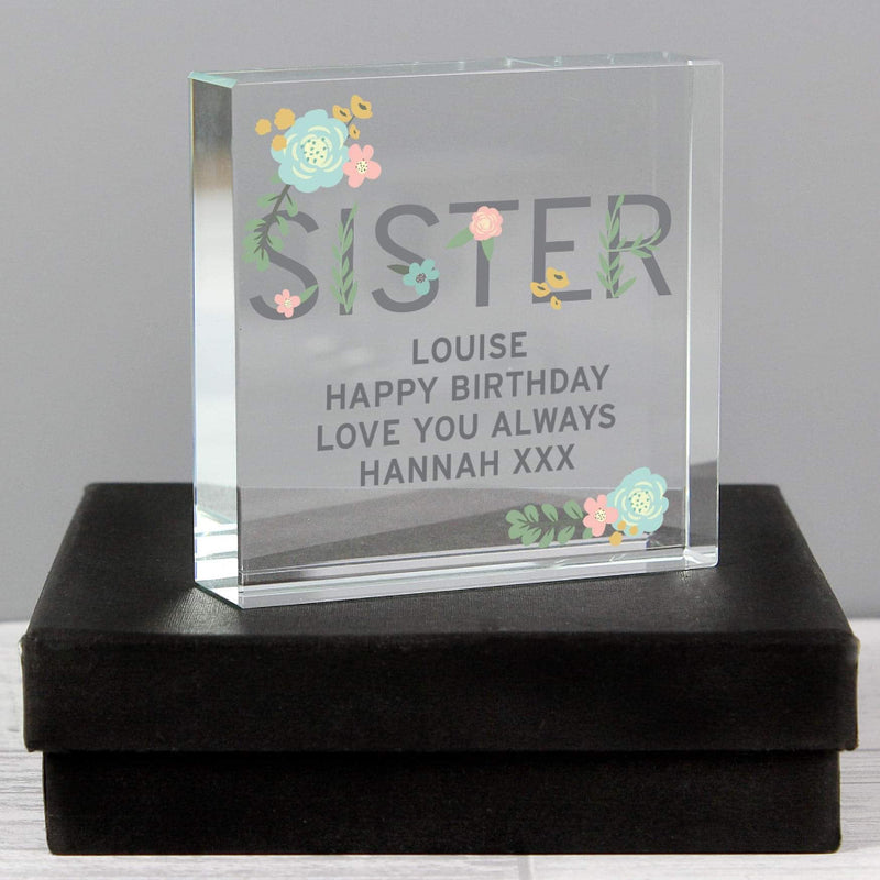 Personalised Floral Sister Large Crystal Glass Block