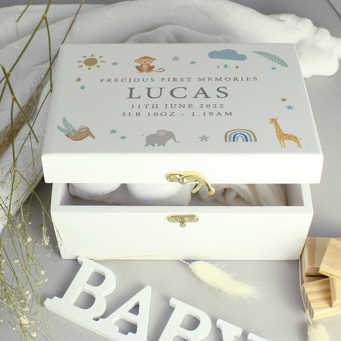Personalised Safari Animals New Baby Memory Wooden Keepsake Box