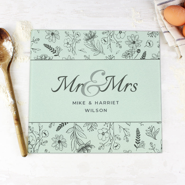 Personalised Mr & Mrs Wedding Botanical Glass Chopping Board