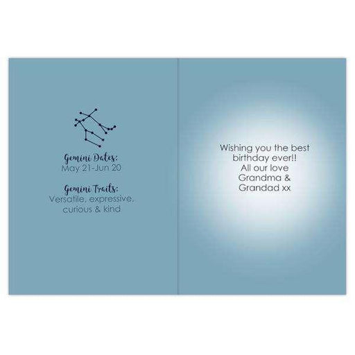 Personalised Gemini Zodiac Star Sign Birthday Card (May 21st - June 20th) - Myhappymoments.co.uk