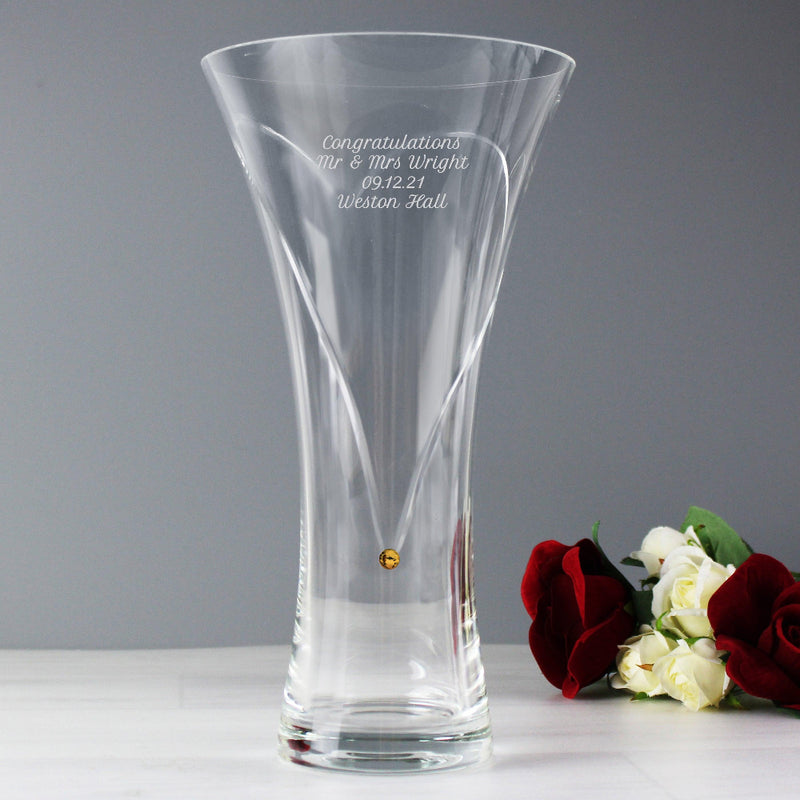 Engraved Large Hand Cut Gold Diamante Heart Vase