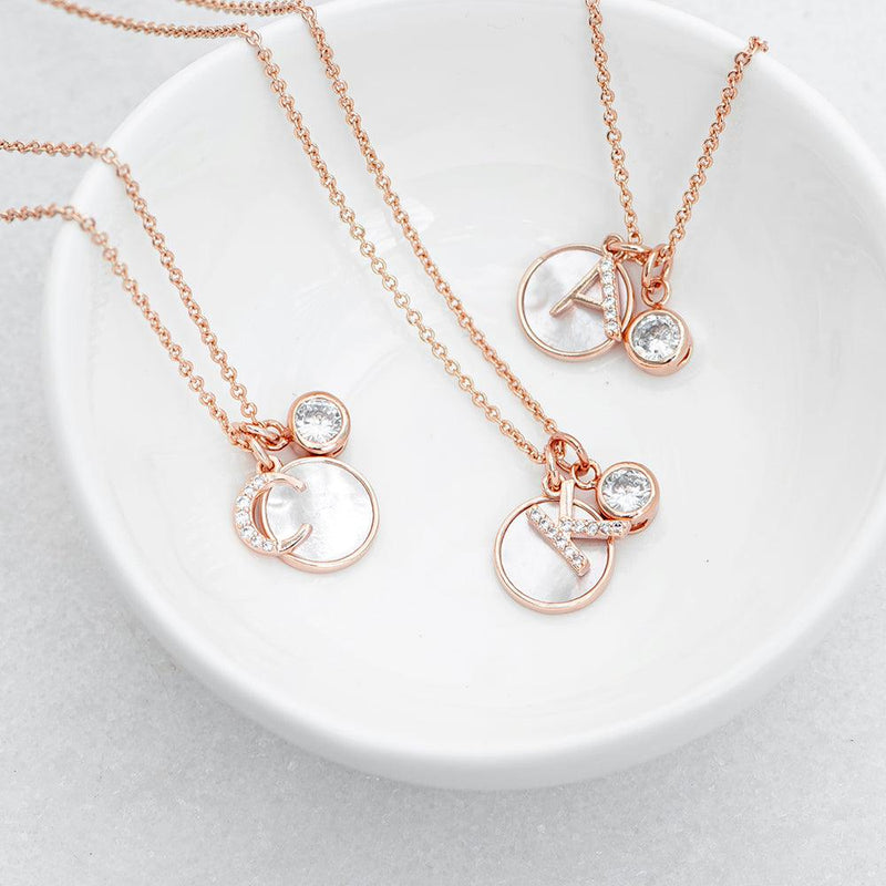 Rose Gold Initial Necklace with Mother of Pearl and Crystal Charms