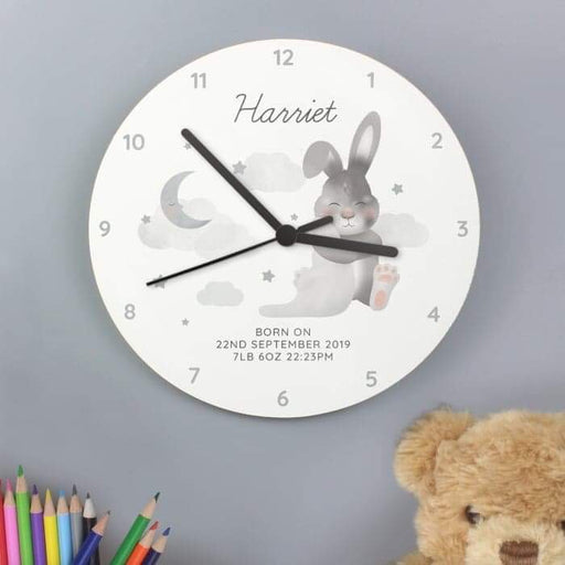 Personalised Baby Bunny White Wooden Clock - Myhappymoments.co.uk