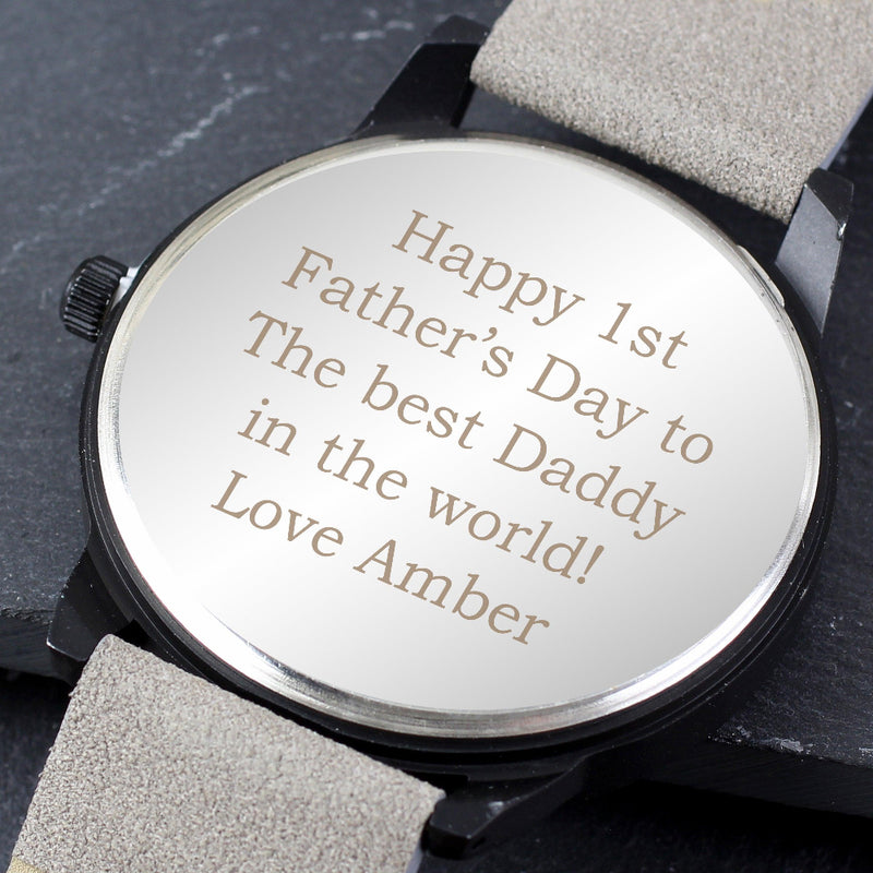 Engraved Mens Matte Black Watch with Grey Strap With Gift Boxed