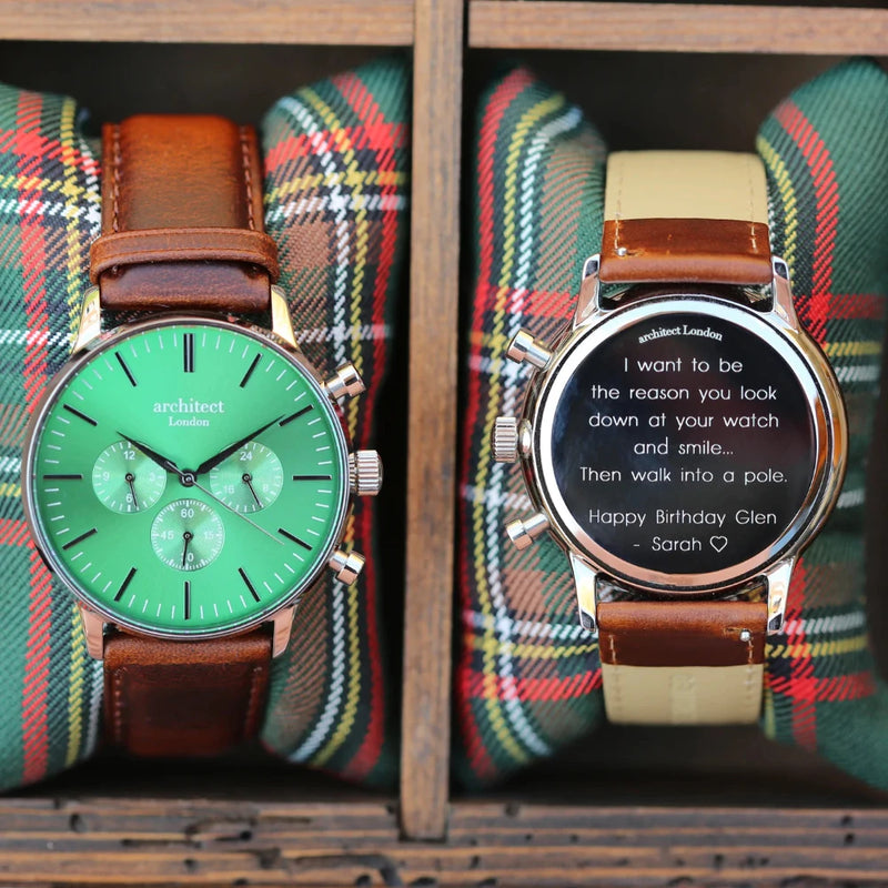 Personalised Men's Architect Motivator Watch In Envy Green With Walnut Strap